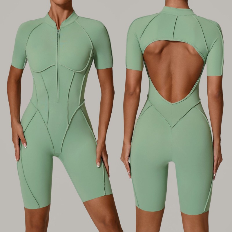 Pilates Yoga Kit - Nahtloser Damen-Jumpsuit mit Reißverschluss, Fitness-Set, Rückenfreier